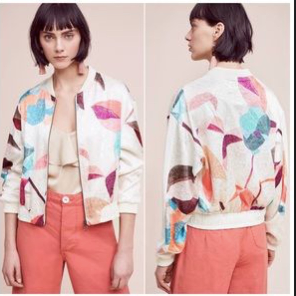 Anthropologie Elevenses Floral Print Satin Bomber Jacket